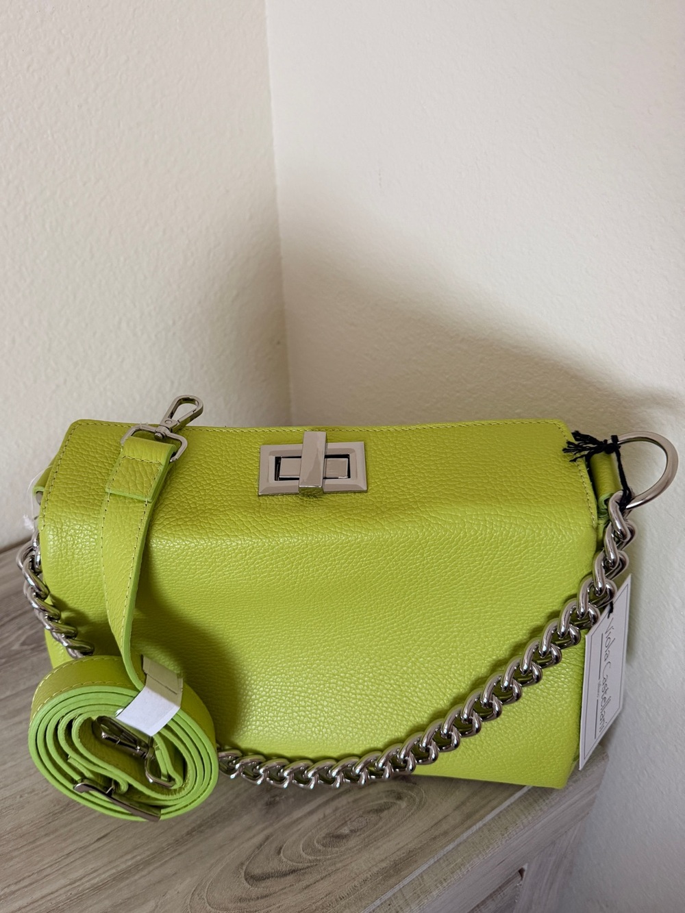 Viola Castellani Chartreuse Leather Bag with Silver Chain - Picture 13 of 15